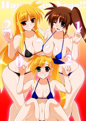 Rule 34 | 2021, 3girls, ;d, arm around shoulder, asymmetrical bangs, asymmetrical docking, text background, bikini, black bikini, blonde hair, blue bikini, blue eyes, blue ribbon, blush, breast press, breasts, brown hair, cleavage, commentary, english text, engo (aquawatery), family, fate testarossa, gradient background, green eyes, grin, hair ribbon, hair tie, happy new year, heterochromia, highres, index finger raised, large breasts, leaning forward, looking at viewer, lyrical nanoha, mahou shoujo lyrical nanoha vivid, mother and daughter, multiple girls, navel, new year, ok sign, one eye closed, open mouth, orange hair, red background, red eyes, ribbon, side ponytail, sitting, smile, standing, string bikini, swimsuit, takamachi nanoha, v, vivio, wife and wife, yellow background