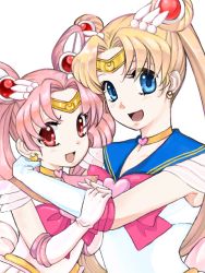 Rule 34 | 1990s (style), 2girls, arm around neck, arm grab, bishoujo senshi sailor moon, bishoujo senshi sailor moon supers, blonde hair, blue eyes, blue sailor collar, blush, bow, brooch, chibi usa, child, choker, cone hair bun, crescent, crescent earrings, double bun, earrings, elbow gloves, gloves, hair bun, hair ornament, hajime (block 69), happy, heart, heart brooch, heart choker, heart necklace, jewelry, long hair, looking at viewer, magical girl, mother and daughter, multiple girls, neck, necklace, open mouth, parted bangs, pink hair, pink sailor collar, red bow, red eyes, retro artstyle, sailor chibi moon, sailor collar, sailor moon, sailor senshi, see-through, see-through sleeves, short hair, simple background, smile, super sailor chibi moon, super sailor moon, tiara, tsukino usagi, twintails, very long hair, white background, white gloves, yellow choker