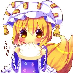 Rule 34 | 1girl, :3, blonde hair, blush, chibi, chocolat (momoiro piano), dress, eating, female focus, floral print, food, fox tail, hat, hat with ears, highres, long sleeves, multiple tails, solo, tabard, tail, touhou, white dress, wide sleeves, yakumo ran, yellow eyes