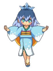 Rule 34 | 10s, 1girl, bad id, bad nijie id, blue hair, fubukihime, full body, green eyes, high ponytail, japanese clothes, kimono, long hair, long sleeves, lowres, miruku (jgmpta), multicolored hair, no socks, pixel art, sandals, smile, solo, transparent background, two-tone hair, traditional youkai, youkai watch