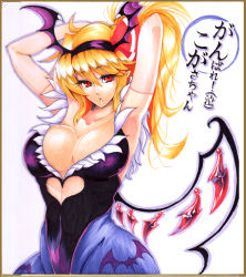 Rule 34 | 1girl, aged up, animal print, arms behind head, arms up, bare shoulders, bat (animal), bat print, bat wings, black wings, blonde hair, breasts, cleavage, clothing cutout, collarbone, cosplay, covered erect nipples, dress, flandre scarlet, hair ribbon, hair up, head wings, heart, heart cutout, holding, holding hair, large breasts, leotard, long hair, looking at viewer, morrigan aensland, morrigan aensland (cosplay), open mouth, pantyhose, ponytail, print pantyhose, purple pantyhose, red eyes, revision, ribbon, shikishi, slit pupils, solo, text focus, thighs, touhou, traditional media, translated, vampire (game), warugaki (sk-ii), wings
