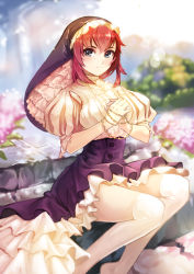 Rule 34 | 1girl, blue eyes, flower, highres, original, own hands clasped, own hands together, puffy sleeves, rain yoo, red hair, rosary, short hair, short sleeves, sitting, skirt, smile, solo, thighhighs, zzoggomini