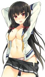 Rule 34 | 10s, 1girl, arms behind head, black hair, blush, breasts, cleavage, isokaze (kancolle), kantai collection, long hair, looking at viewer, navel, open clothes, open mouth, open skirt, panties, pleated skirt, red eyes, school uniform, serafuku, shimeji (4 me ji), sidelocks, simple background, skirt, solo, striped clothes, striped panties, underwear, very long hair, white background