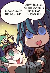 Rule 34 | 2girls, :d, blue eyes, braid, byleth (female) (fire emblem), byleth (fire emblem), clothing cutout, english text, fire emblem, fire emblem: three houses, grabbing, green eyes, green hair, highres, multiple girls, navel, navel cutout, nintendo, open mouth, riyo (lyomsnpmp) (style), shaded face, side braid, smile, sothis (fire emblem), speech bubble, tearing up, will (willanator93)