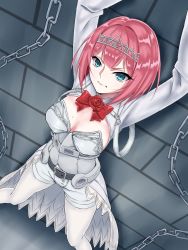 Rule 34 | 1girl, ark royal (kancolle), blue eyes, bob cut, breasts, chain, cleavage cutout, clothing cutout, from above, frown, full body, hairband, highres, kantai collection, long sleeves, medium breasts, pantyhose, red hair, red ribbon, restrained, ribbon, shackled, shingyou (alexander-13), short hair, shorts, solo, standing, tiara, wall, white pantyhose, white shorts
