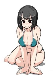 Rule 34 | 1girl, arm support, bare arms, bare legs, bare shoulders, barefoot, bikini, black hair, blue bikini, blush, breasts, closed mouth, frown, kantai collection, large breasts, leaning forward, looking at viewer, medium hair, navel, red eyes, simple background, solo, swimsuit, tachibana roku, takao (kancolle), white background