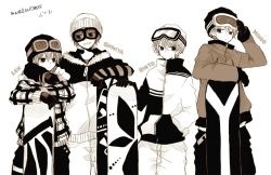 Rule 34 | 4boys, adjusting goggles, anzu (o6v6o), arm around shoulder, beanie, character name, coat, fur-trimmed coat, fur trim, genderswap, genderswap (ftm), gloves, goggles, goggles on headwear, greyscale, grin, gumiya, hand in pocket, hat, hatsune mikuo, kagamine len, kagamine rinto, leaning on object, looking at another, male focus, monochrome, multiple boys, pants, plaid, plaid coat, ski goggles, smile, snowboard, striped, sweatdrop, translation request, v-shaped eyebrows, vocaloid, winter clothes