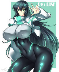 Rule 34 | 1girl, absurdres, breasts, copyright name, covered navel, expressionless, green eyes, green hair, gundam, gundam build divers, gundam build divers re:rise, haganef, highres, huge breasts, long hair, looking to the side, may (gundam build divers re:rise), open hand, shrug (clothing), solo, very long hair