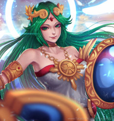 Rule 34 | 1girl, artist name, bare shoulders, choker, closed mouth, collarbone, dress, facebook username, green eyes, green hair, jewelry, kid icarus, kid icarus uprising, long hair, looking at viewer, magion02, matching hair/eyes, neck ring, nintendo, nose, palutena, shield, signature, smile, solo, staff, very long hair, watermark, web address