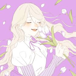 Rule 34 | 1girl, blonde hair, blush, bouquet, closed eyes, commentary, fingernails, flower, hand blush, highres, holding, holding bouquet, holding flower, lips, long hair, long sleeves, multicolored flower, nose blush, open mouth, original, puffy sleeves, purple background, purple ribbon, purple sleeves, red lips, ribbon, rose, shim 46, shirt, simple background, smelling flower, smile, solo, teeth, tongue, upper body, upper teeth only, white flower, white rose, white shirt