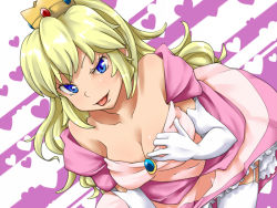 Rule 34 | 1girl, :p, bare shoulders, blonde hair, blue eyes, breasts, cleavage, clothes pull, crown, dress, elbow gloves, garter straps, gloves, heart, large breasts, long hair, looking at viewer, mario (series), naughty face, nintendo, pink dress, princess peach, shirt pull, smile, solo, super mario bros. 1, teasing, thighhighs, tongue, tongue out, undressing, uneven eyes, yassy, yassy (yasikoz2008)