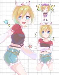 Rule 34 | 1girl, :d, absurdres, alternate color, blonde hair, blue eyes, bow hairband, collarbone, commentary request, creatures (company), cropped shirt, crossed arms, game freak, green shorts, grid background, hair between eyes, hairband, highres, irida (pokemon), irida (special costume) (pokemon), looking at viewer, multiple views, nintendo, official alternate costume, open mouth, pokemon, pokemon masters ex, ryusa (gjgd7445), shirt, shorts, smile, star (symbol), teeth, tongue, upper teeth only, white hairband