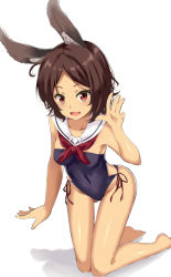 Rule 34 | 1girl, :d, animal ears, azur lane, bad id, bad pixiv id, bare arms, bare legs, bare shoulders, barefoot, blue one-piece swimsuit, blush, breasts, brown hair, collarbone, commentary request, dark-skinned female, dark skin, fingernails, hand up, highres, i-26 (azur lane), kneeling, kohakope, looking at viewer, medium breasts, neckerchief, one-piece swimsuit, open mouth, parted bangs, rabbit ears, red eyes, red neckerchief, sailor collar, shadow, smile, soles, solo, strapless, strapless one-piece swimsuit, swimsuit, white background, white sailor collar