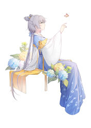 Rule 34 | 1girl, absurdres, blue flower, blue ribbon, blue robe, blush, bug, butterfly, chinese clothes, closed mouth, commentary request, cone hair bun, double bun, expressionless, eyelashes, floral print, flower, frills, full body, green eyes, grey hair, hair between eyes, hair bun, hair flower, hair ornament, hair ribbon, hair tubes, hand up, highres, hydrangea, insect, invisible chair, leaf, long hair, long sleeves, low twintails, luo tianyi, morimori (14292311), pink butterfly, plant, profile, ribbon, robe, sidelocks, simple background, sitting, solo, twintails, very long hair, vocaloid, vsinger, white background, white robe, wide sleeves, yellow flower, yellow ribbon