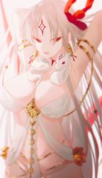 Rule 34 | 1girl, amagunigo, armlet, armpits, arms behind head, arms up, bare shoulders, belly chain, blush, body markings, breasts, cleavage, collarbone, durga (fate), earrings, facial mark, fate/grand order, fate (series), forehead mark, grey hair, hair ribbon, highres, jewelry, large breasts, long hair, looking at viewer, open mouth, pelvic curtain, red eyes, revealing clothes, ribbon, sash, snake, solo, very long hair