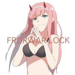 Rule 34 | 1girl, bikini, black bikini, breasts, cleavage, collarbone, darling in the franxx, english text, engrish text, green eyes, hairband, horns, long hair, looking at viewer, medium breasts, pink hair, ranguage, simple background, smile, solo, swimsuit, upper body, uta (xuyansong1996), white background, white hairband, zero two (darling in the franxx)