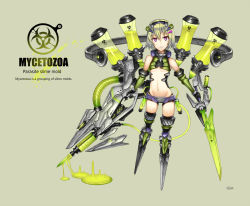 Rule 34 | 1girl, biohazard symbol, breasts, cyborg, dripping, dual wielding, female focus, gia, holding, mycetozoa (gia), navel, original, personification, purple eyes, short hair, small breasts, solo, underboob, weapon