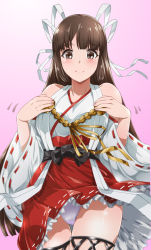 Rule 34 | 1girl, bare shoulders, blush, breasts, brown eyes, brown hair, closed mouth, cosplay, detached sleeves, gradient background, hair ribbon, hakama, hakama skirt, hands on own chest, haruna (kancolle), haruna (kancolle) (cosplay), hiyou (kancolle), japanese clothes, kantai collection, long hair, looking at viewer, makumaxu, medium breasts, nontraditional miko, panties, pantyshot, red hakama, ribbon, ribbon-trimmed sleeves, ribbon trim, skirt, smile, solo, thighhighs, thighs, underwear, upper body, white panties, wide sleeves