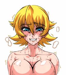 Rule 34 | 00s, 1girl, blonde hair, blue eyes, blush, body blush, breasts, clenched teeth, collarbone, female focus, grin, hair between eyes, highres, igawa sakura, large breasts, looking at viewer, nude, saliva, short hair, simple background, smile, solo, sweat, taimanin (series), taimanin asagi, teeth, trembling, upper body, white background, wrato
