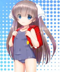 Rule 34 | 1girl, backpack, bag, blue eyes, brown hair, commentary request, covered navel, crime prevention buzzer, damubomu, highres, long hair, one-piece swimsuit, original, randoseru, ribbon, school swimsuit, smile, solo, swimsuit, two side up, very long hair