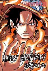 Rule 34 | 1boy, black hair, close-up, commentary, dated, fire, freckles, happy birthday, hat, highres, kiyu (zuyu), looking at viewer, male focus, one piece, portgas d. ace, short hair, solo