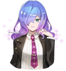 Rule 34 | 1girl, black jacket, blue hair, cerejeira elron, collared shirt, fate/grand order, fate (series), gradient hair, green eyes, hair over one eye, highres, jacket, jewelry, lipstick, long hair, looking at viewer, makeup, multicolored hair, nail polish, necktie, purple hair, purple lips, purple nails, purple necktie, ring, shirt, skull ring, smile, solo, star (symbol), twitter username, umirunie, white shirt