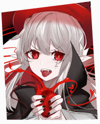 Rule 34 | 1girl, absurdres, ao oni (onioni-aoi), arknights, black cape, black hat, black nails, border, cape, fangs, grey hair, hands up, hat, heart, heart (organ), highres, holding, holding heart, looking at viewer, nail polish, official alternate costume, pale skin, portrait, red eyes, scar, scar across eye, solo, tongue, tongue out, v-shaped eyebrows, warfarin (arknights), warfarin (the feast) (arknights), white border
