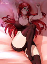 Rule 34 | 1girl, absurdres, armpits, artist name, bare shoulders, bike shorts, black thighhighs, blush, breasts, cleavage, collarbone, cropped shirt, feet out of frame, green eyes, hair between eyes, highres, large breasts, long hair, looking at viewer, lying, on back, on bed, open mouth, patreon username, pyrrha nikos, red hair, rwby, shirt, short sleeves, sleeveless, smile, solo, strapless, teeth, thighhighs, tongue, vilde loh hocen, watermark, web address