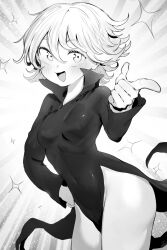 Rule 34 | 1girl, absurdres, blush, breasts, collared dress, covered navel, cowboy shot, dress, eyelashes, finger gun, flipped hair, foreshortening, greyscale, hair between eyes, hand on own hip, highres, leaning forward, long sleeves, looking at viewer, monochrome, niwarhythm, one-punch man, open mouth, out of character, pelvic curtain, short hair, small breasts, smile, solo, sparkle, tatsumaki, thighs