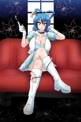 Rule 34 | 1girl, black choker, blue dress, blue eyes, blue hair, boots, breasts, choker, cleavage, commentary request, couch, crossed legs, dress, full body, gloves, hair ornament, hair rings, hair stick, kaku seiga, kiseru, knee boots, large breasts, looking at viewer, smoking pipe, shawl, sitting, smile, solo, tasuro kuzuha, touhou, touhou tag dream, white footwear, white gloves, wrestling outfit