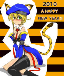 Rule 34 | 1girl, animal ears, arc system works, bare shoulders, beret, blazblue, blonde hair, blush, body blush, cat ears, cat girl, cat tail, chinese zodiac, detached sleeves, female focus, fuyu sato, green eyes, hat, new year, noel vermillion, red ribbon, ribbon, short hair, sitting, solo, tail, thighhighs, tiger (chinese zodiac), uniform