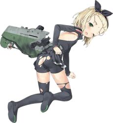 Rule 34 | 10s, 1girl, ass, bike shorts, black hairband, black thighhighs, blonde hair, blush, boots, eyebrows, female focus, full body, green eyes, hairband, jiji (aardvark), kantai collection, legs apart, looking at viewer, looking back, lowres, luigi torelli (kancolle), microskirt, one eye closed, open mouth, short hair, shorts, skin tight, skirt, sleeveless, solo, thigh boots, thighhighs, thighs, torn clothes, torn shorts, torn skirt, torn thighhighs, transparent background, uit-25 (kancolle)