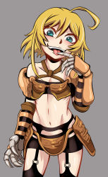 Rule 34 | 1girl, absurdres, ahoge, armor, artist request, bare shoulders, black thighhighs, blonde hair, blue eyes, breastplate, breasts, clementine (overlord), clementine (overlord) (cosplay), collarbone, cosplay, cowboy shot, fangs, garter straps, gauntlets, grey background, hair between eyes, highres, isekai quartet, looking at viewer, midriff, miniskirt, navel, open mouth, overlord (maruyama), ribs, short hair, simple background, skirt, small breasts, smile, solo, tanya degurechaff, teeth, thighhighs, thighs, tongue, tongue out, upper teeth only, voice actor connection, youjo senki, yuuki aoi