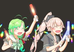 Rule 34 | absurdres, antenna hair, black background, black jacket, black ribbon, buttons, closed eyes, commentary request, corset, glowstick, green hair, green ribbon, grey sailor collar, hair flaps, hair ornament, hair over shoulder, hair ribbon, happy, highres, holding glowstick, jacket, kantai collection, long hair, matsu (kancolle), mocchi (mocchichani), neck ribbon, open mouth, pink shirt, ponytail, red ribbon, ribbon, sailor collar, sailor shirt, school uniform, serafuku, shirt, short sleeves, simple background, very long hair, yura (kancolle), zipper