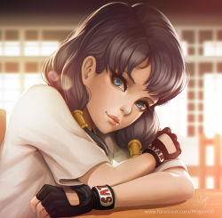 Rule 34 | 1girl, artist name, bad id, bad pixiv id, black hair, blue eyes, blurry, closed mouth, crossed arms, depth of field, dragon ball, dragonball z, eyelashes, facebook username, fingerless gloves, gloves, hair tubes, lens flare, lips, looking at viewer, magion02, nose, shirt, short sleeves, signature, solo, twintails, videl, watermark, web address, white shirt