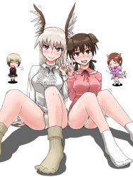 Rule 34 | 4girls, alternate costume, animal ears, blonde hair, blush, brown eyes, brown hair, dog ears, erica hartmann, gertrud barkhorn, hanna-justina marseille, head wings, minna-dietlinde wilcke, multicolored hair, multiple girls, neri gozu, panties, sigh, strike witches, tail, tail wagging, underwear, v, wings, witches of africa, wolf ears, wolf tail, world witches series
