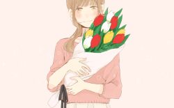 Rule 34 | 1girl, black ribbon, blush, bouquet, brown eyes, brown hair, closed mouth, flower, highres, hinao (flowerrabbit2348), holding, holding bouquet, light smile, long hair, long sleeves, looking at viewer, original, pink background, pink sweater, red flower, red tulip, ribbon, simple background, solo, sweater, tulip, upper body, white flower, white tulip, yellow flower, yellow tulip