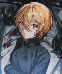 Rule 34 | 1girl, bandaged arm, bandages, black bandages, black shirt, blonde hair, blood, blood on face, breasts, crying, crying with eyes open, don quixote (project moon), film grain, hair between eyes, highres, limbus company, mu46016419, orange eyes, parted lips, project moon, rain, shirt, short hair, short sleeves, small breasts, solo, tears