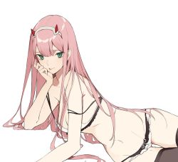 Rule 34 | 10s, 1girl, aiko (kanl), bra, breasts, darling in the franxx, green eyes, long hair, lying, medium breasts, on side, panties, pink hair, solo, thighhighs, tongue, tongue out, underwear, white background, zero two (darling in the franxx)