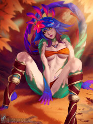 Rule 34 | 1girl, bandeau, bare shoulders, between legs, blue hair, breasts, brown sclera, collarbone, colored sclera, colored skin, flower, green skin, hair flower, hair ornament, hand between legs, highres, jewelry, knees up, large breasts, league of legends, legs apart, lizard tail, medium hair, navel, necklace, neeko (league of legends), orange bandeau, orange panties, panties, pink flower, pink lips, red hair, reptile girl, sitting, slit pupils, smile, solo, stomach, tail, teeth, themaestronoob, tree, underwear, watermark, web address, yellow eyes