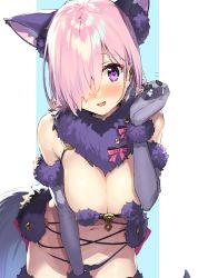 Rule 34 | 1girl, absurdres, animal ear fluff, animal ears, bare shoulders, blush, bow, breasts, cleavage, cowboy shot, elbow gloves, fake animal ears, fake tail, fang, fate/grand order, fate (series), fur-trimmed gloves, fur collar, fur trim, gloves, hair over one eye, hand up, highres, huge filesize, kanzarin, large breasts, leaning forward, looking at viewer, mash kyrielight, mash kyrielight (dangerous beast), navel, nose blush, official alternate costume, parted lips, pink bow, pink hair, playing with own hair, purple eyes, purple gloves, revealing clothes, short hair, skin fang, smile, solo, tail, thigh gap, two-tone background, wolf ears, wolf tail