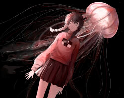 Rule 34 | :|, arms at sides, black background, braid, brown hair, closed eyes, closed mouth, commentary, cowboy shot, dutch angle, expressionless, facing viewer, floating hair, highres, jellyfish, koiifisher, long hair, long sleeves, madotsuki, miniskirt, pink sweater, pleated skirt, puffy long sleeves, puffy sleeves, red skirt, skirt, sweater, twin braids, twintails, wind, yume nikki
