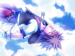 Rule 34 | 1boy, belt, blue belt, bodysuit, brown hair, chain, chain necklace, closed eyes, cropped jacket, floating, gloves, highres, hollypolllyy, jewelry, kingdom hearts, loose belt, male focus, necklace, nomura tetsuya (style), reclining, red bodysuit, short hair, short sleeves, signature, solo, sora (kingdom hearts), spiked hair, unconscious, upper body, white gloves