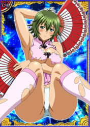 Rule 34 | 00s, 1girl, ass, bare legs, breasts, card (medium), chinese clothes, curvy, dress, female focus, green hair, huge ass, ikkitousen, kyocho chuukou, large breasts, looking at viewer, no bra, panties, shiny skin, short hair, sitting, solo, underwear