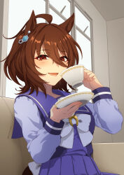 Rule 34 | 1girl, absurdres, agnes tachyon (umamusume), ahoge, animal ears, artist name, blush, bow, bowtie, brown hair, commentary request, couch, cup, earrings, emil1030 blue, hair between eyes, highres, holding, holding cup, holding saucer, horse ears, horse girl, horse tail, indoors, jacket, jewelry, long sleeves, looking at viewer, medium hair, open clothes, open jacket, open mouth, purple shirt, red eyes, sailor collar, saucer, school uniform, shirt, single earring, sitting, smile, solo, tail, teacup, textless version, tracen school uniform, twitter username, umamusume, upper body, window
