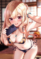 Rule 34 | 1girl, :d, arm up, bare arms, bare shoulders, bead bracelet, beads, bikini, black bikini, black choker, blonde hair, blush, bracelet, breasts, cellphone, choker, cleavage, commentary, cowboy shot, ear piercing, female focus, halterneck, hand on own head, hand up, highres, holding, holding phone, indoors, jewelry, kitagawa marin, large breasts, leaning forward, long hair, looking at viewer, nail polish, navel, open mouth, pendant, phone, piercing, pink nails, print bikini, purple eyes, side-tie bikini bottom, smartphone, smile, solo, sono bisque doll wa koi wo suru, squchan, standing, stomach, string bikini, swimsuit, thighs