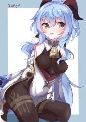 Rule 34 | absurdres, bare shoulders, bell, black legwear, blue hair, blush, breasts, character name, detached sleeves, ganyu (genshin impact), genshin impact, gold trim, highres, horns, kabocya na, long hair, looking at viewer, medium breasts, multicolored eyes, neck bell, sidelocks, sitting, smile, solo, squatting, thighlet, white sleeves