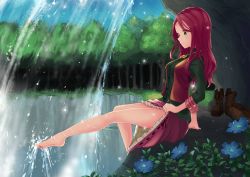 Rule 34 | 1girl, bare legs, barefoot, boots, unworn boots, clothes lift, feet, flower, green eyes, kamome yuu, legs, long hair, nature, original, red hair, shoes, unworn shoes, sitting, skirt, skirt lift, smile, soaking feet, solo, toes, tree, vest, water, waterfall