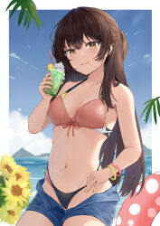 1girl absurdres bikini black_bikini blue_shorts blue_sky blush breasts brown_eyes brown_hair closed_mouth clothes_pull cloud collarbone cup day drink drinking_glass drinking_straw flower food fruit hair_between_eyes highres holding holding_cup holding_drink lemon lemon_slice long_hair looking_at_viewer mountainous_horizon navel ocean open_mouth outdoors pink_innertube polka_dot_innertube red_bikini revival short_shorts shorts shorts_pull sky smile solo sunflower suou_yuki swimsuit tokidoki_bosotto_roshia-go_de_dereru_tonari_no_alya-san whipped_cream