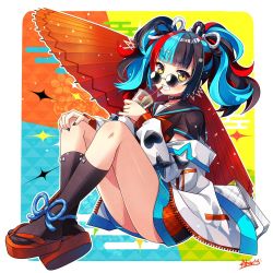 Rule 34 | 1girl, black nails, black socks, blue hair, bubble tea, collar, commentary request, drinking straw, fate/grand order, fate (series), full body, hair ribbon, holding, ikegami akane, jacket, unworn jacket, knees up, long hair, looking over eyewear, looking over glasses, multicolored hair, nail polish, ribbon, sailor collar, sei shounagon (fate), signature, sitting, skirt, slippers, smile, socks, solo, sunglasses, tinted eyewear, umbrella